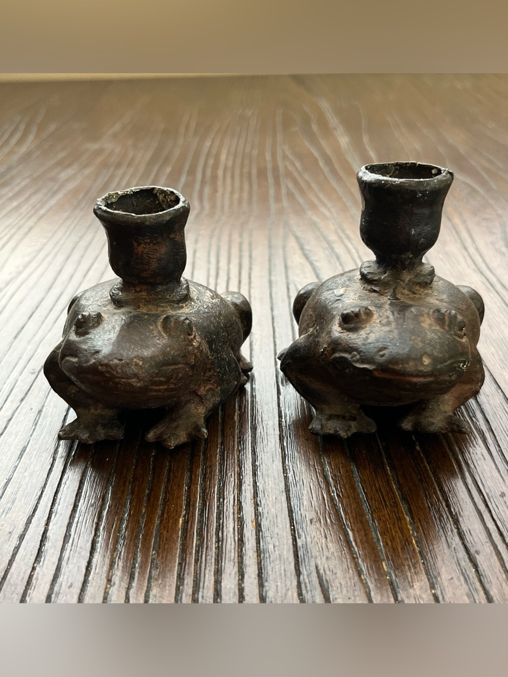 Pair of Frog-Shaped Metal Candlestick Holders - Dark Bronze Tone